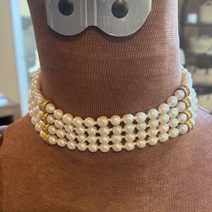 Multi-Strand White Pearl Choker Necklace with Gold Accents